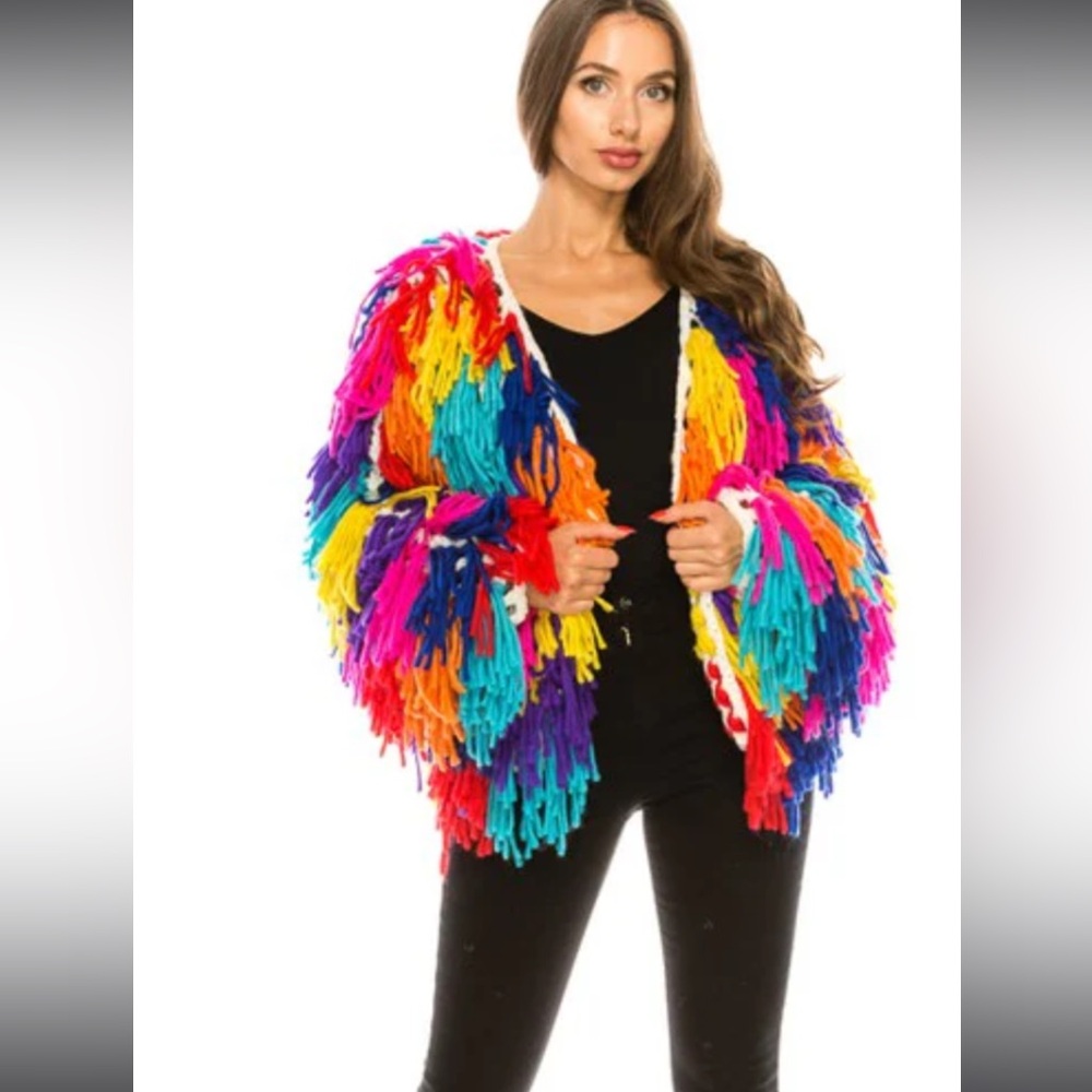 Lala brand crochet rainbow sweater.